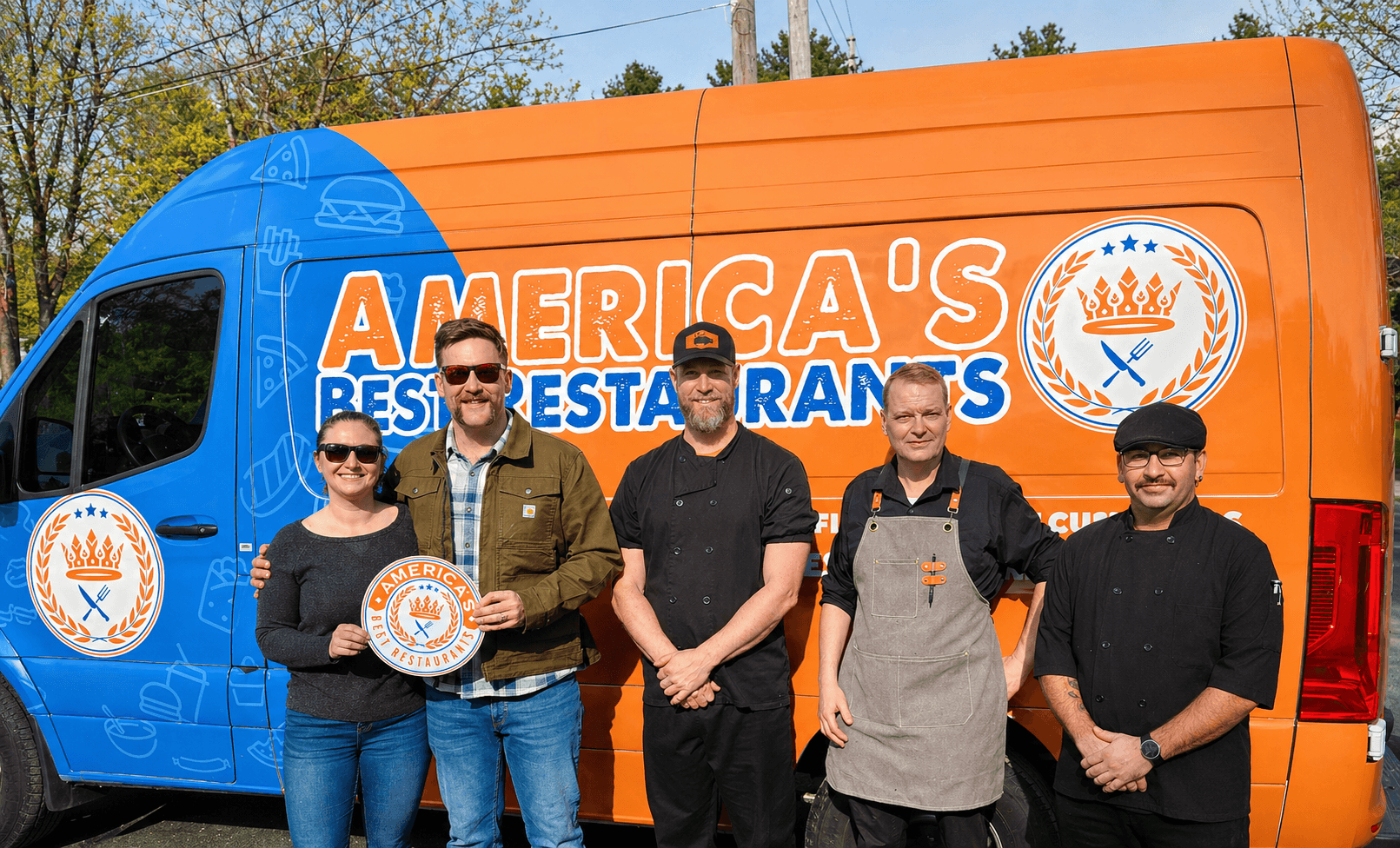 Chef Andrew Tobin and the Lil' Piece BBQ crew in front of the America's Best Restaurants van